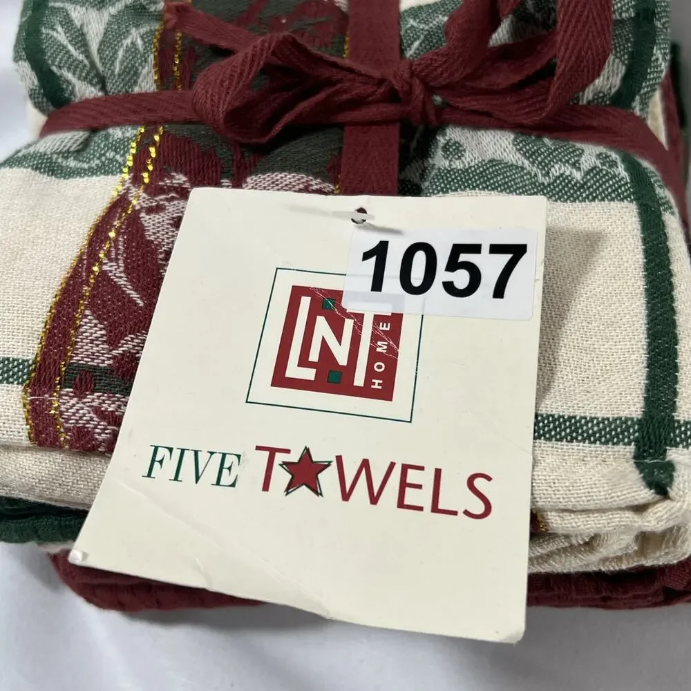 Vintage Set of 5 Cotton Dish Tea Towels Everyday or Christmas Burgundy Hunter